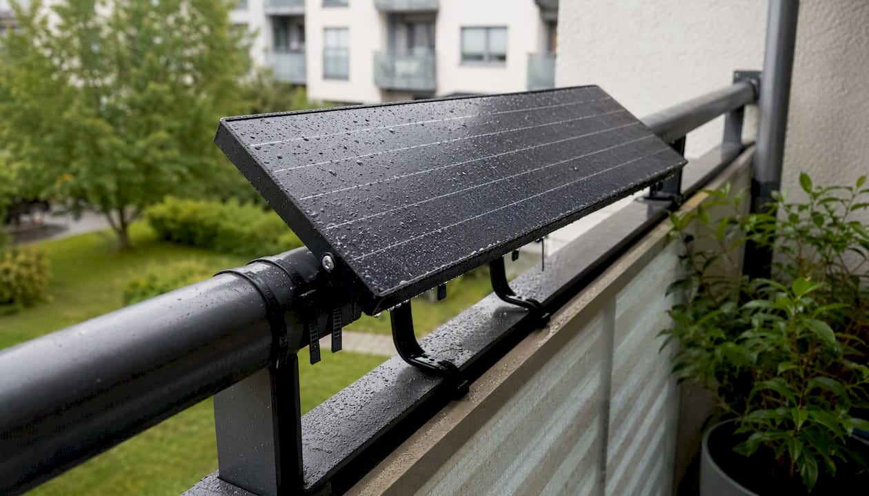 Panel fotowoltaiczny stabilnie zamocowany na balustradzie balkonu