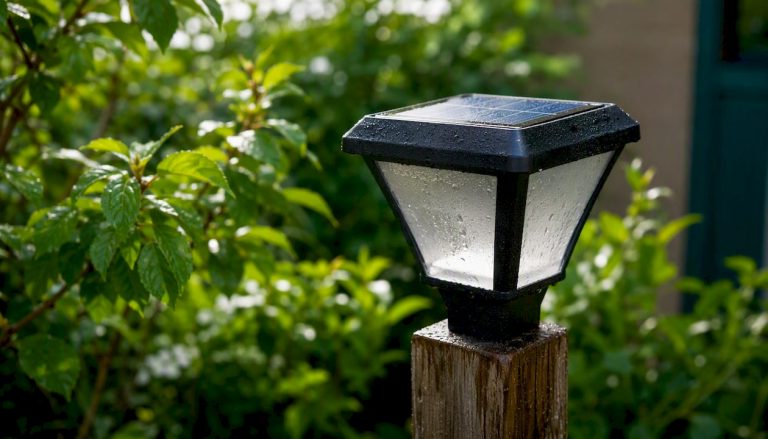 Zbliżenie na panel solarny ogrodowej lampy, pokryty kroplami wody