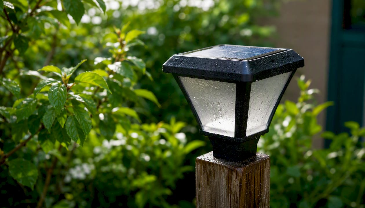 Zbliżenie na panel solarny ogrodowej lampy, pokryty kroplami wody