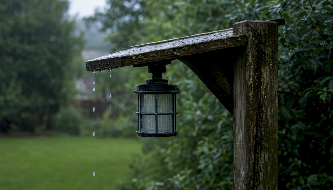 Zewnętrzna lampa ścienna zamontowana pod wąskim okapem, dzięki czemu jest osłonięta przed deszczem.
