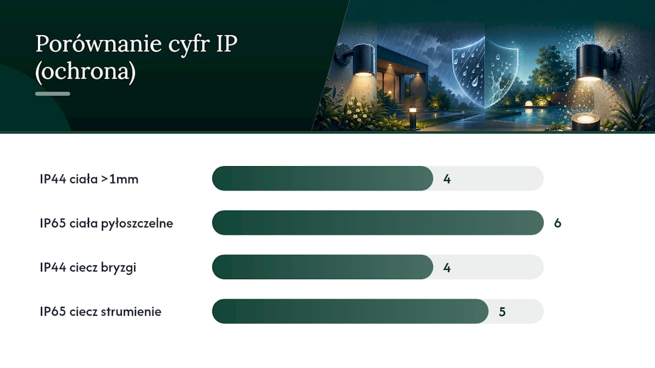 Porównanie stopni ochrony IP44 i IP65 – schemat obrazujący różnice
