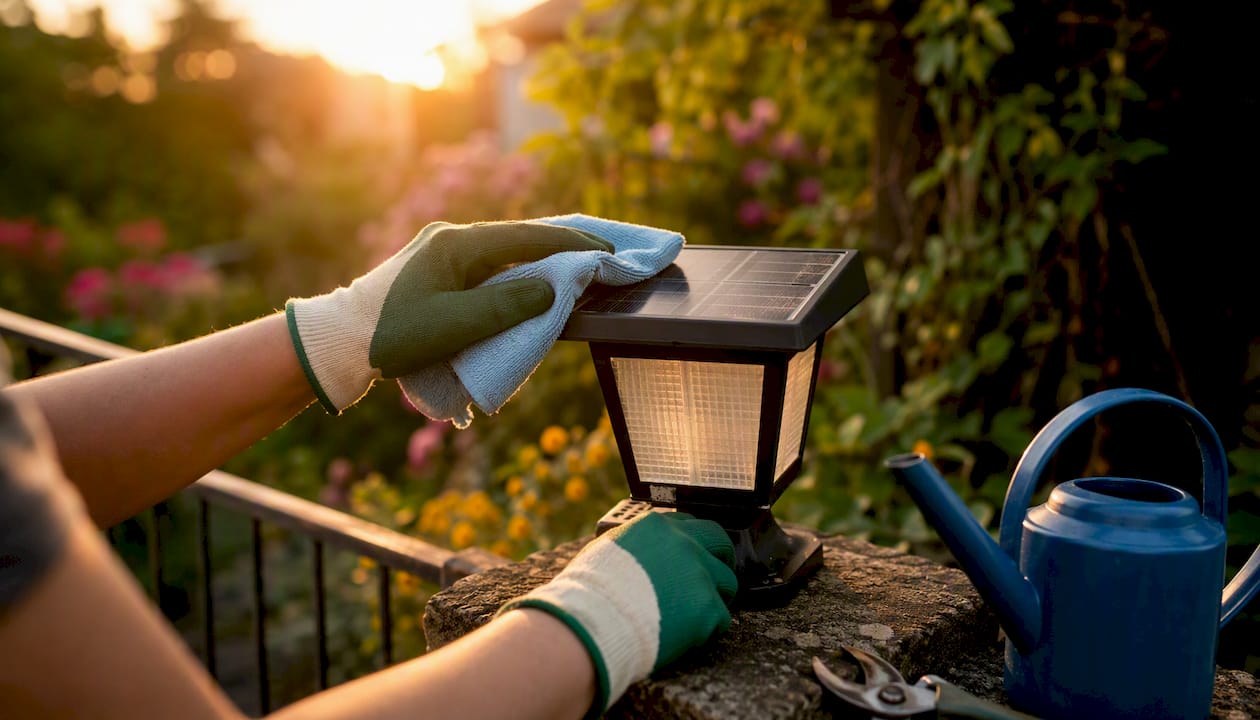 Czyszczenie panelu lampy solarnej w ogrodzie ręcznie