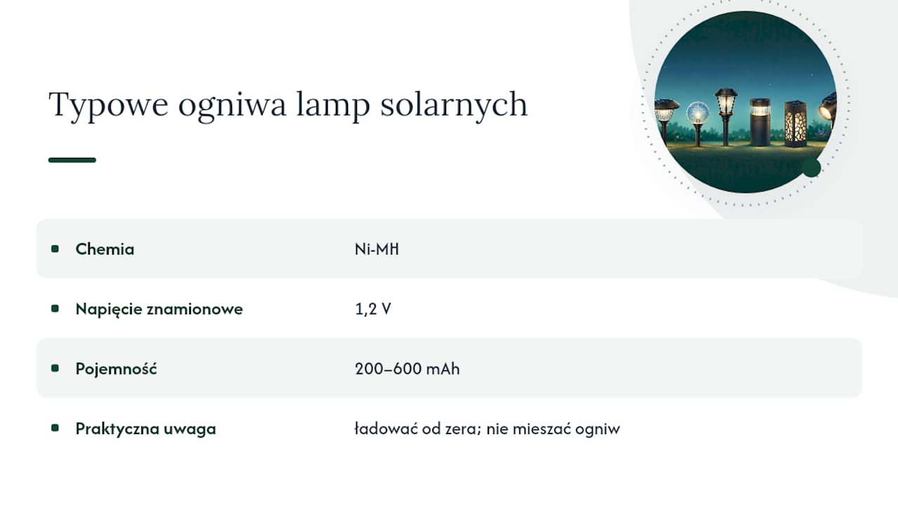 Schemat przedstawiający parametry baterii i zakresy napięć w lampach solarnych
