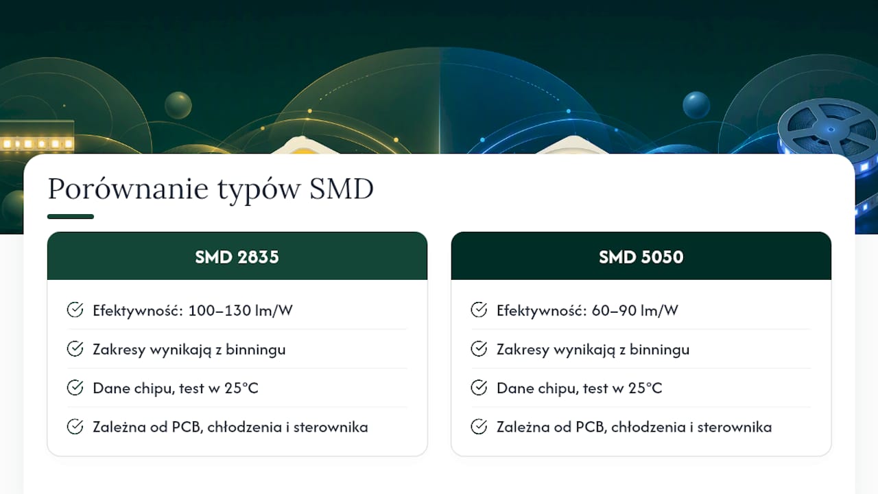 Porównanie parametrów technicznych diod SMD 2835 oraz SMD 5050 – schemat ilustrujący różnice
