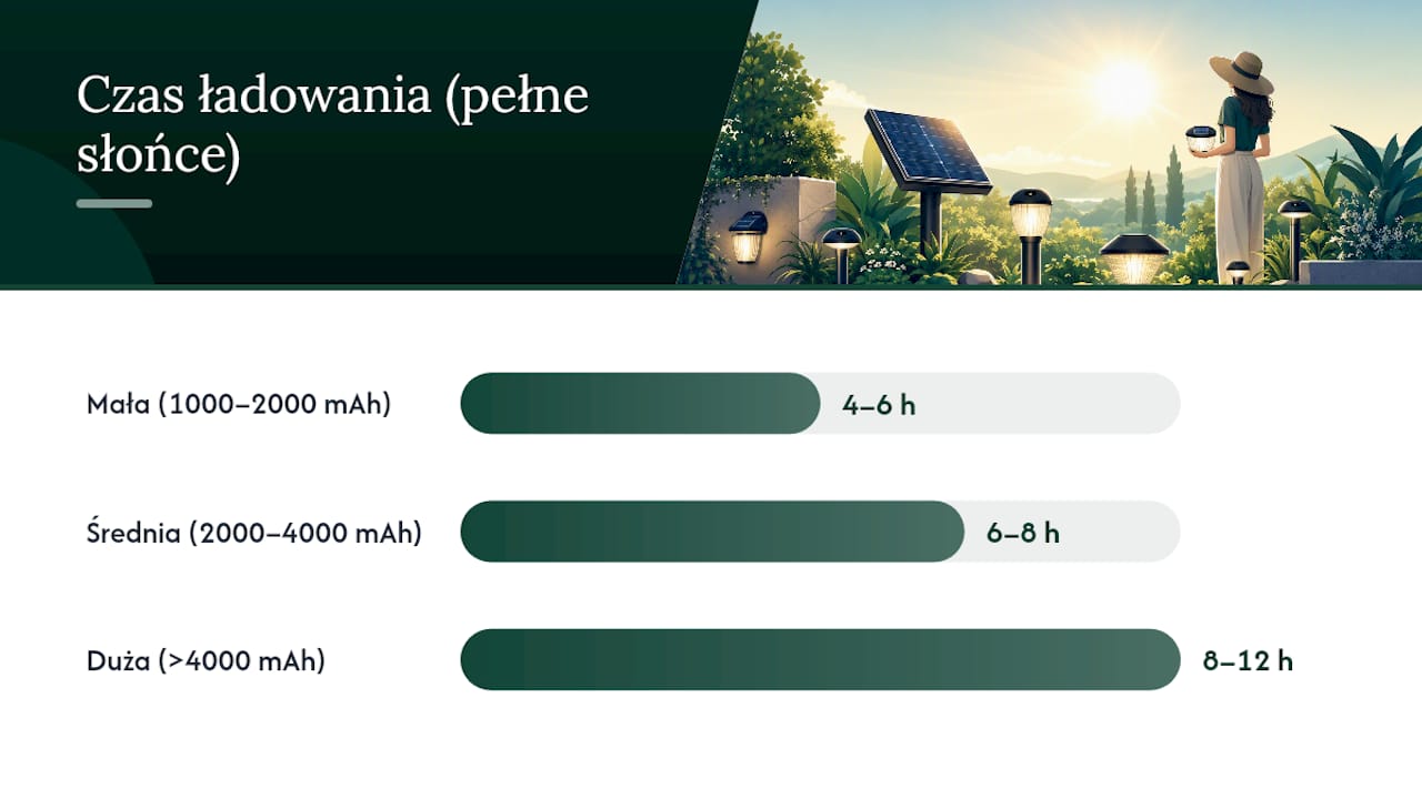 Porównanie typów lamp solarnych pod względem rodzaju baterii i czasu ładowania – przejrzysty diagram, który pozwala szybko ocenić różnice między poszczególnymi modelami.