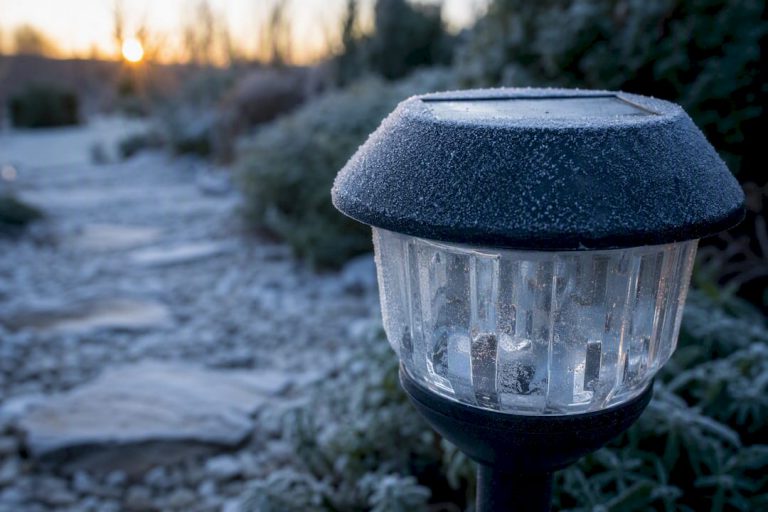 Zimowy wieczór, a w ogrodzie cicho świeci pokryta szronem solarna lampka.