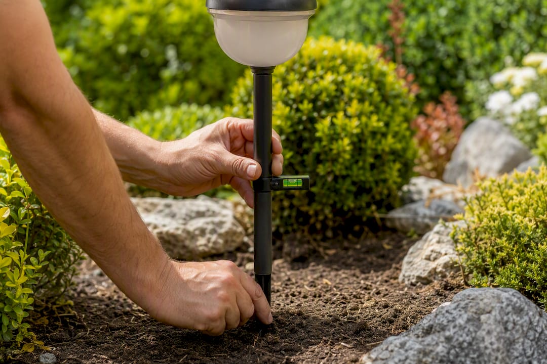 Wbijanie szpikulca lampy solarnej z kontrolą poziomu