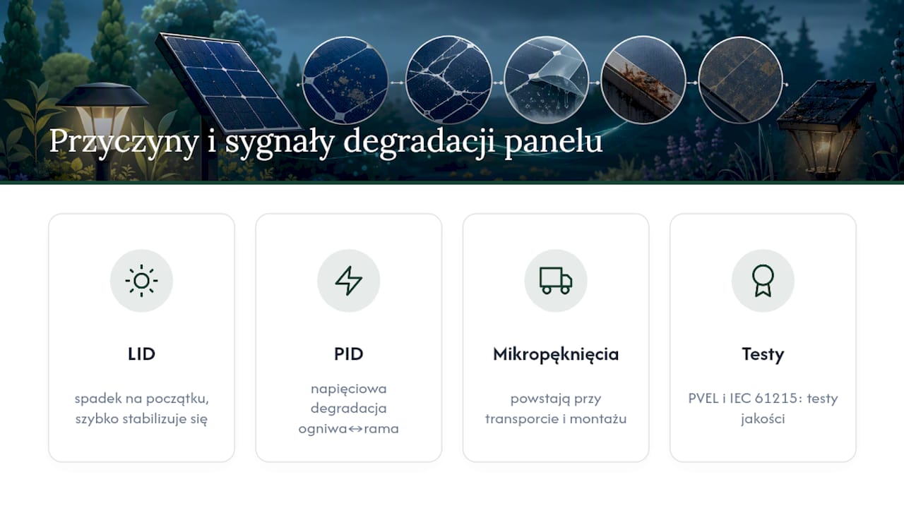 Co powoduje spadek mocy panelu i jak to mierzą testy branżowe — overview diagram