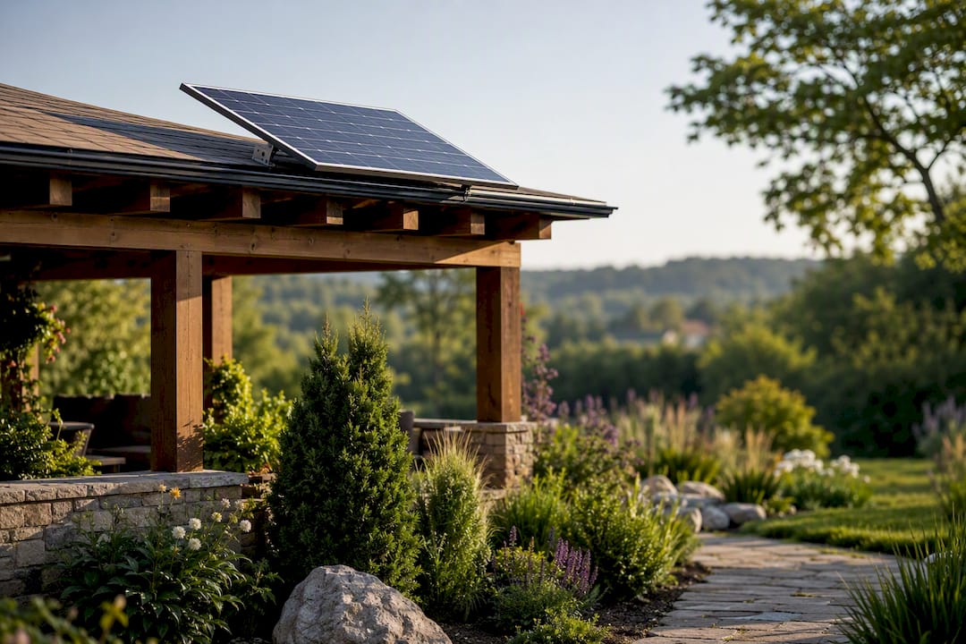 Panel solarny zamontowany poza zasięgiem cienia pergoli