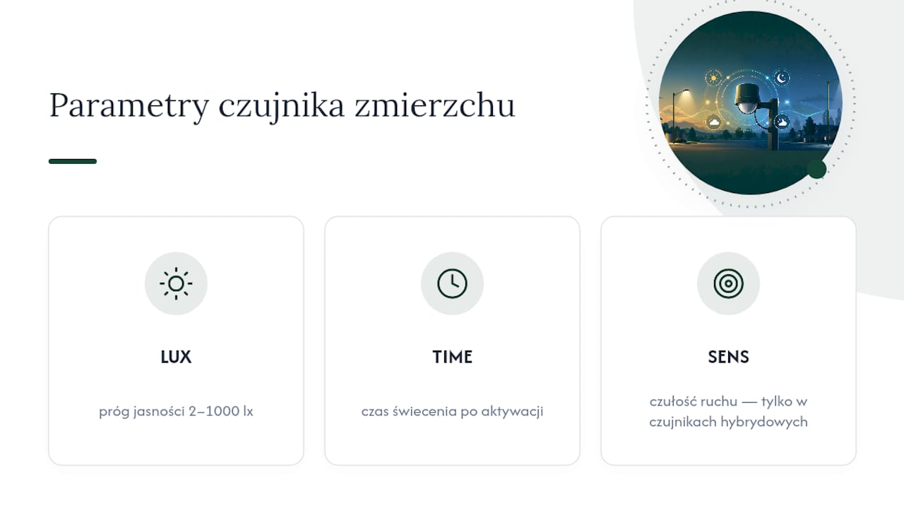 Trzy parametry regulacji czujnika zmierzchu