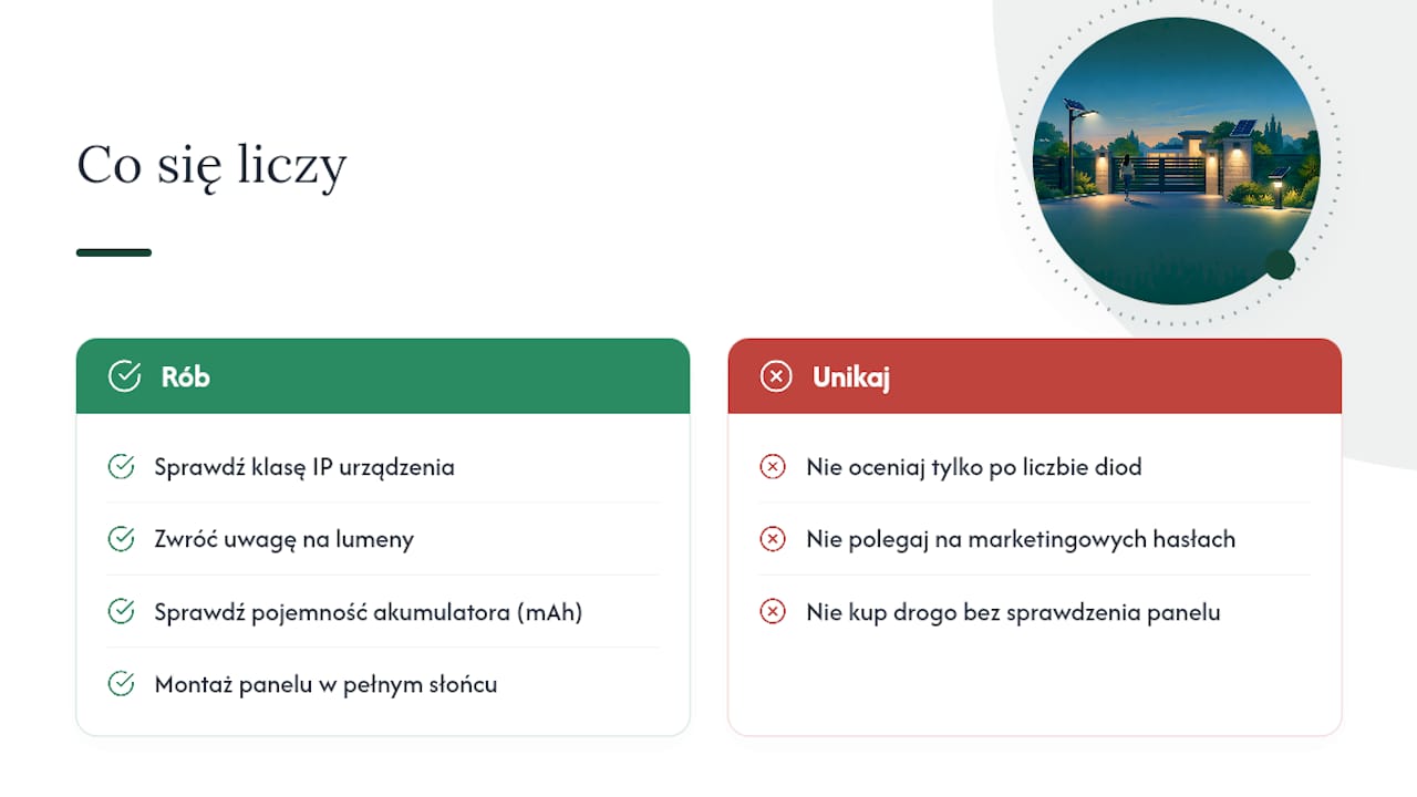 Co naprawdę się liczy przy wyborze lampy solarnej do bramy — overview diagram