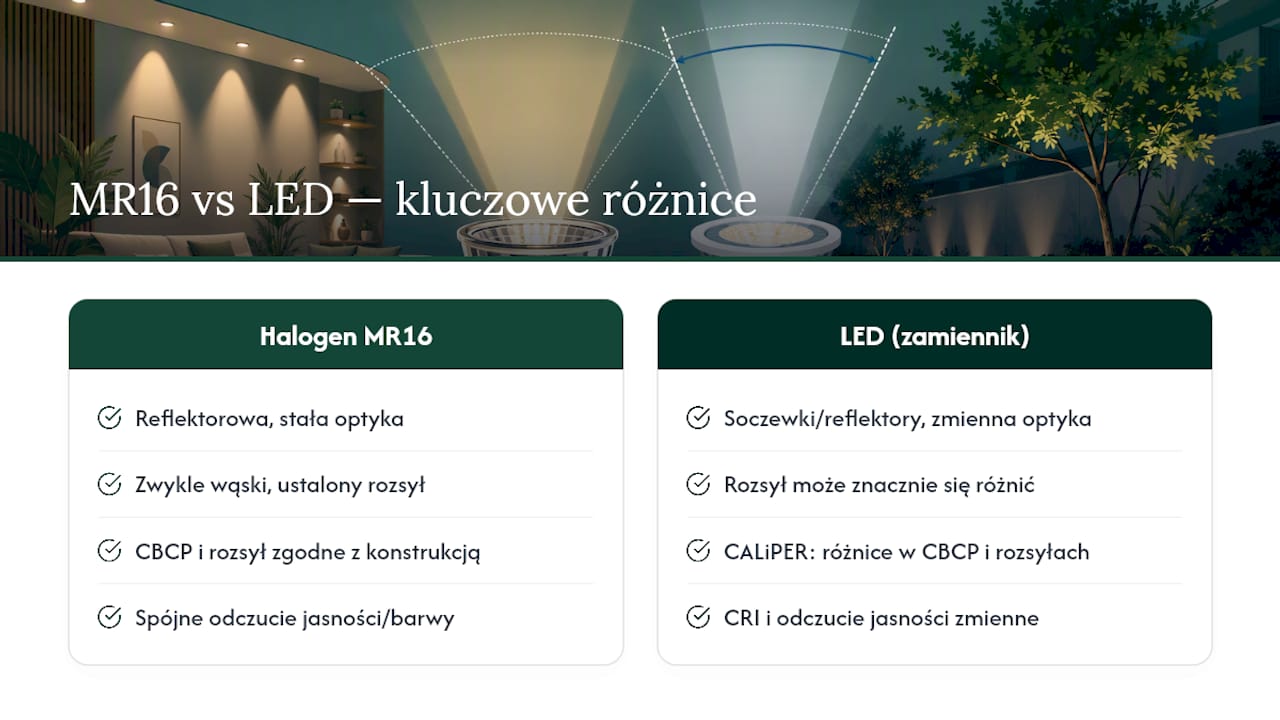 Porównanie rozsyłu światła halogenów MR16 i LED