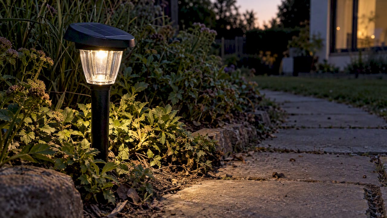 Lampa solarna oświetla część ogrodowej ścieżki