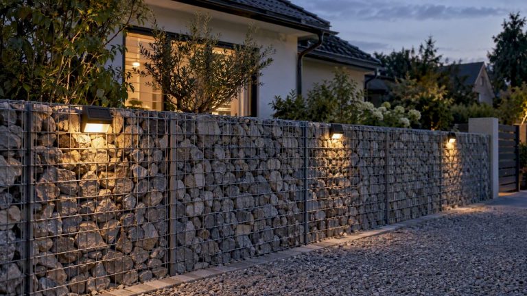 Gabionowe ogrodzenie z solarnym oświetleniem punktowym