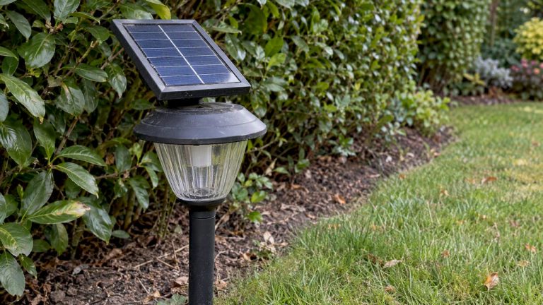 Lampa solarna z panelem w ogrodzie