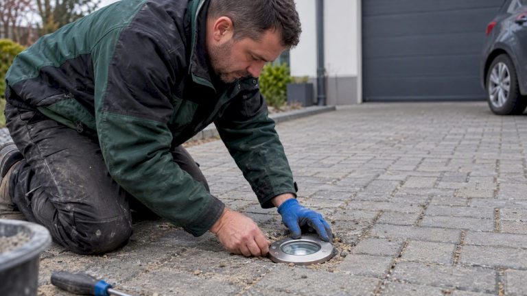 Instalator montuje lampę w kostce brukowej