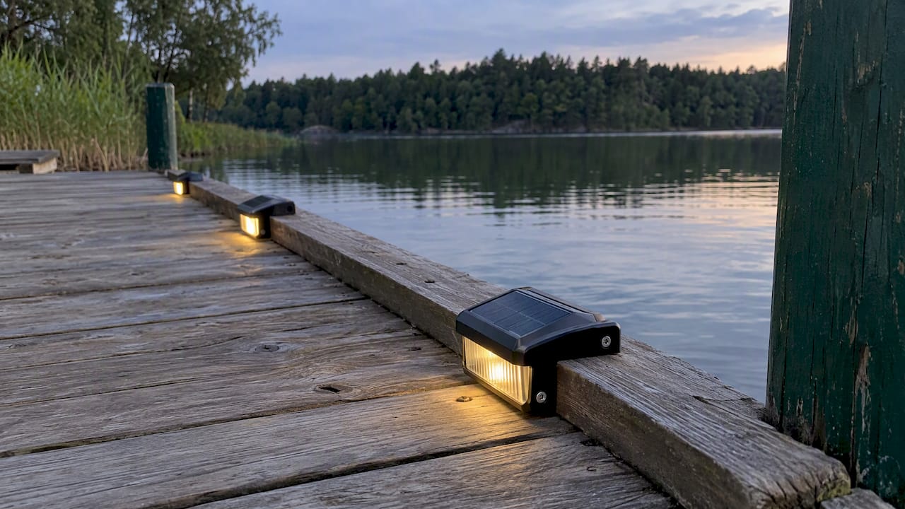 Lampy solarne ustawione wzdłuż drewnianego pomostu