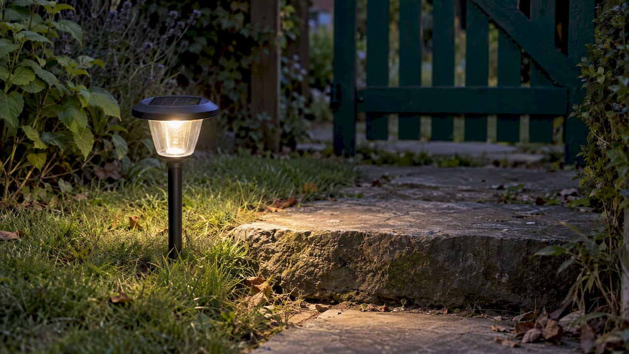 Lampa solarna rozświetla kamienne schody w ogrodzie