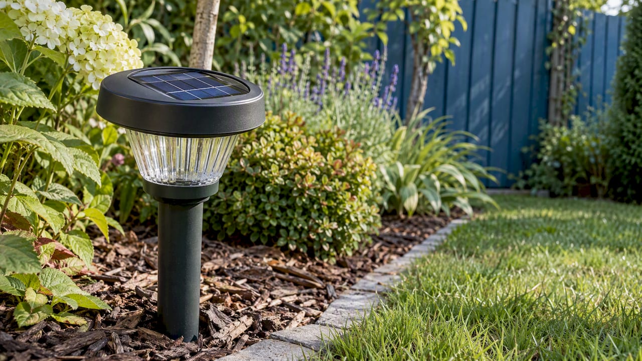 Lampa solarna z panelem umieszczona przy rabacie w ogrodzie