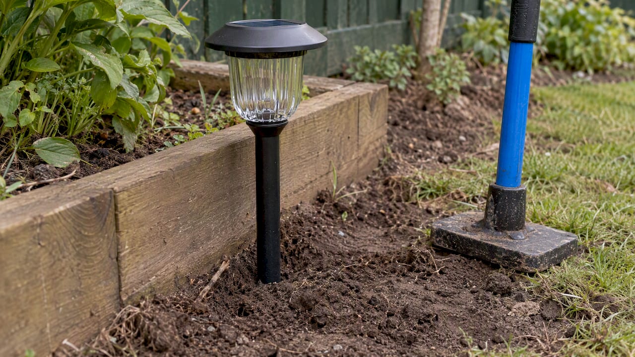 Lampa solarna solidnie osadzona w ziemi
